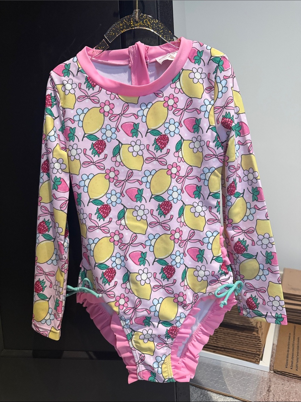 Girls' Pink Lemon Print Long-Sleeve Rashguard Swimsuit